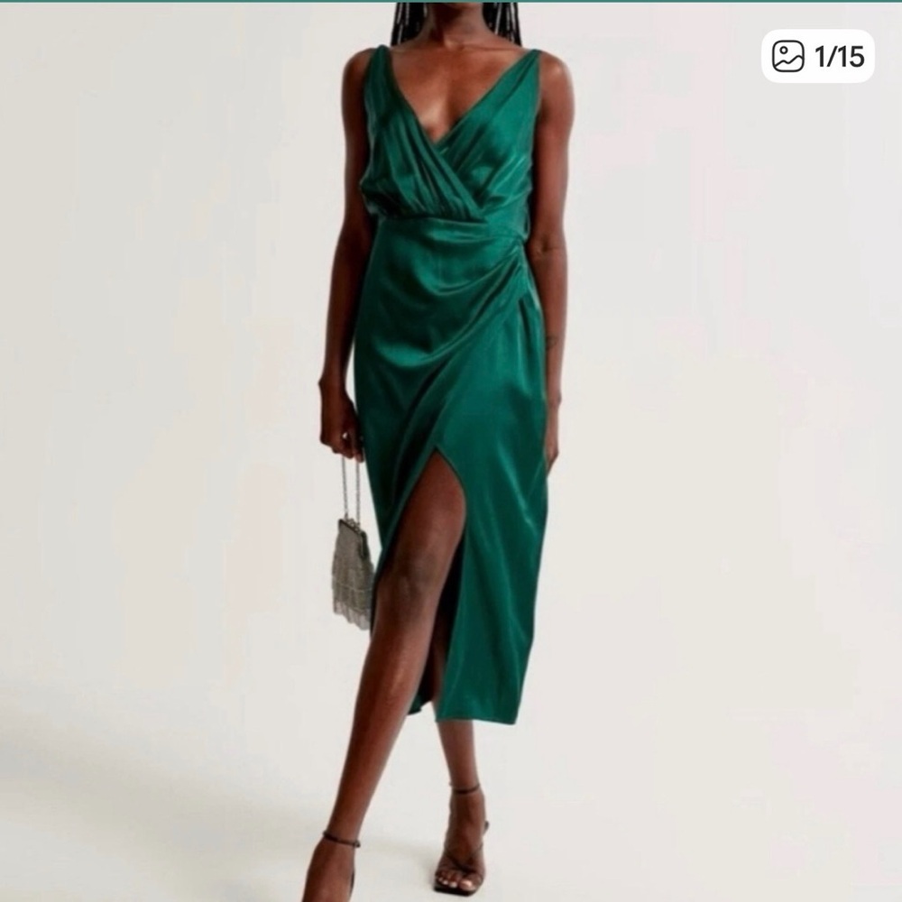 NWT Abercrombie & Fitch Womens Green Satin Draped Wrap Midi Sleeveless Dress